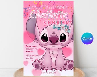 Invitación de cumpleaños de Stitch: plantilla editable de Canva (descarga digital)