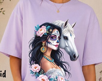 La Catrina Portrait T-Shirt, Horse Lover Western Shirt, Dia De Los Muertos Tee