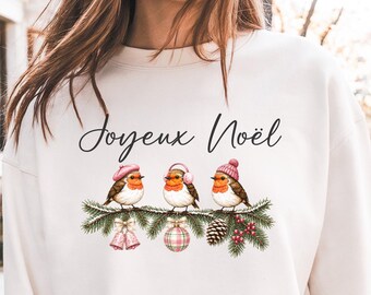 Joyeux Noel Robin Sweatshirt, Christmas Bird Sweater, French Christmas Shirt, Cute Robin Holiday Sweatshirt, Winter Bird Gift