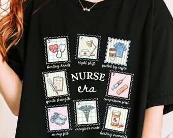Nurse Era T-Shirt, Healing Hands Night Shift Tee, Fueled by Coffee Comfort Colors Shirt