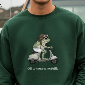 Frog Scooter Sweatshirt, Off To Cause A Kerfuffle, Retro Adult Humor Crewneck