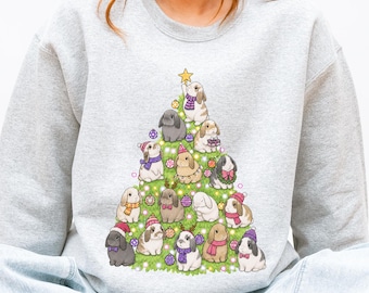 Christmas Bunny Sweatshirt, Holland Lop Rabbit Sweater, Bunny Christmas Tree Shirt, Rabbit Lover Gift, Cute Holiday Crewneck