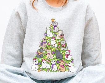 Christmas Cat Tree Sweatshirt, British Shorthair Cat Sweater, Cute Christmas Cats Crewneck, Holiday Cat Lover Gift