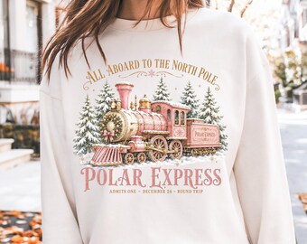 Pink Polar Express Train Sweatshirt, North Pole Christmas Gift, Retro Holiday Crewneck