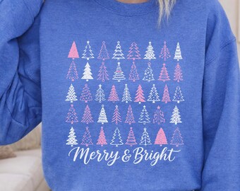 Merry & Bright Christmas Tree Sweatshirt, Retro Holiday Crewneck, Cute Holiday Shirt