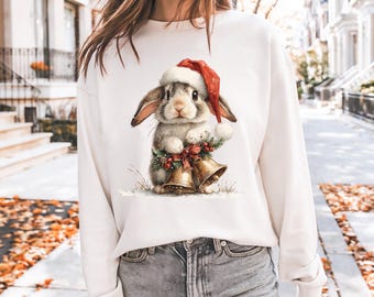 Christmas Bunny Sweatshirt, Festive Rabbit With Bells