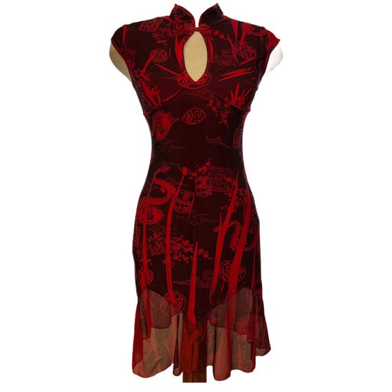 Y2K Red Dragon Mesh Dress – Vintage Cheongsam Inspired Sheer Bodycon Mid