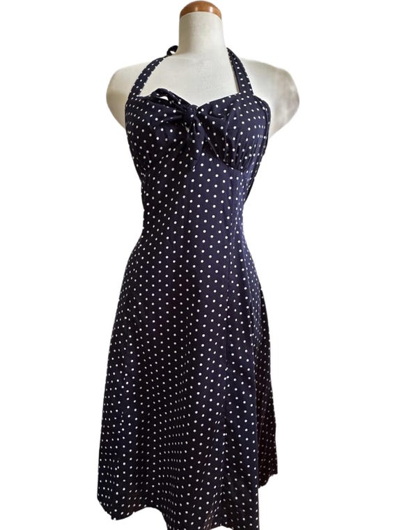 Vintage-Style Navy Polka Dot Halter Dress • Typhany • Size L • Rockabilly Pin-Up Sundress