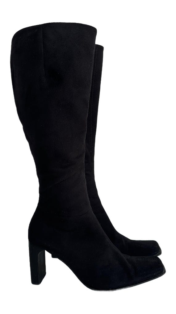 Vintage Black Suede Knee High Boots | Square Toe Block Heel Y2K Style