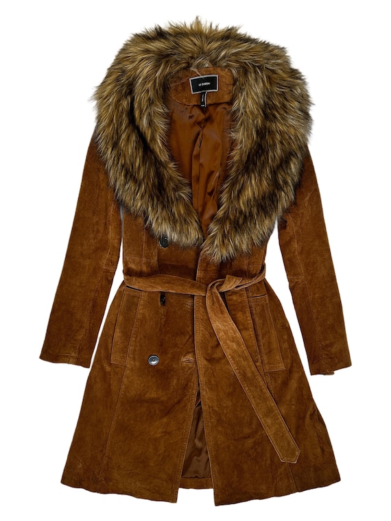 Vintage Y2K Suede Coat – Faux Fur Collar, Belted Leather Jacket