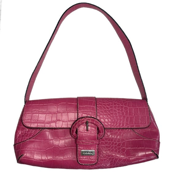 Vintage Y2K Chenson Raspberry Pink Croc-Embossed Baguette Bag | 2000s Shoulder Purse