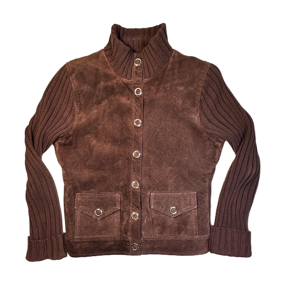 Vintage Y2K Brown Suede Knit Jacket | Boho Cardigan, Size M
