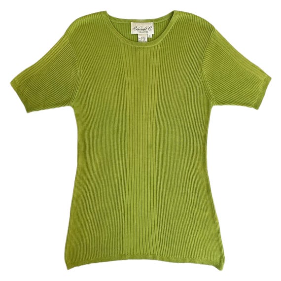 Vintage 90s Conrad C Collection 100% Silk Ribbed Knit Top | Chartreuse Green | Size S
