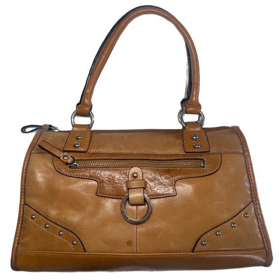 Vintage Y2K Aurielle Genuine Leather Tan Studded Satchel | 2000s Double Handle Shoulder Bag