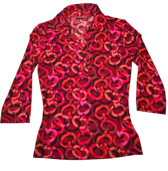 Vintage Y2K GUESS Sheer Mesh Top – Pink Red Abstract Print – 3/4 Sleeve – Early 2000s