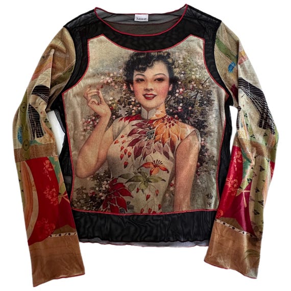 Vintage 90s Y2K Shanghai Girl Art Print Patchwork Mesh Top | Wearable Art | S/M