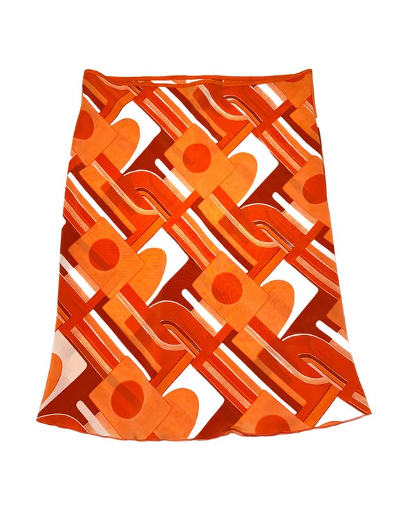 Vintage Y2K Orange Geometric Print Skirt | Sheer Overlay