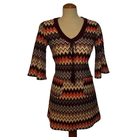 Y2K Boho Chevron Knit Mini Dress – Bell Sleeve Tie Front Tunic