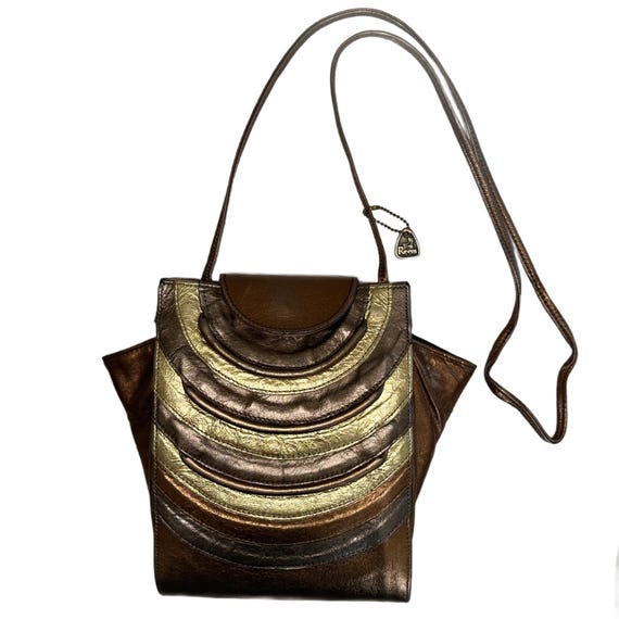 Vintage Reem Leather Crossbody Bag | 80s Bronze Metallic Art Deco Shoulder Bag