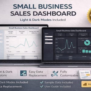 May include: Two laptops displaying a "Small Business Sales Dashboard" with light and dark mode options. The dashboards show sales data visualizations, including charts and graphs. The image also includes icons and text indicating features like easy data replacement and user guides.
