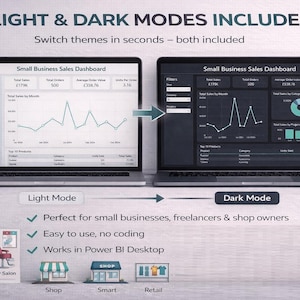 May include: Two laptops side-by-side displaying a business sales dashboard in light and dark modes. The text at the top says "LIGHT & DARK MODES INCLUDED". The dashboard shows sales data with charts and tables. The text at the bottom says "Light Mode" and "Dark Mode".