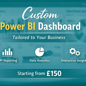 K&ouml;nnte beinhalten: T&uuml;rkisfarbene Grafik, die benutzerdefinierte Power BI-Dashboards bewirbt. Der Text lautet "Custom Power BI Dashboard, Tailored to Your Business." Symbole stehen f&uuml;r KPI Reporting, Data Analytics und Interactive Insights.
