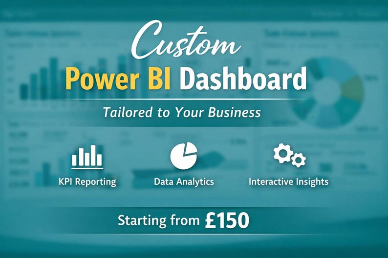 K&ouml;nnte beinhalten: T&uuml;rkisfarbene Grafik, die benutzerdefinierte Power BI-Dashboards bewirbt. Der Text lautet "Custom Power BI Dashboard, Tailored to Your Business." Symbole stehen f&uuml;r KPI Reporting, Data Analytics und Interactive Insights.