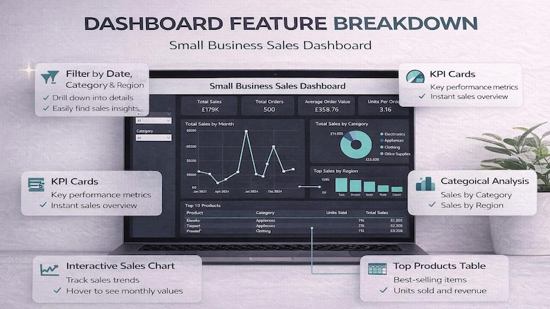 May include: A laptop screen displays a "Small Business Sales Dashboard" with data visualizations. The dashboard includes charts, graphs, and tables showing sales metrics, top products, and category analysis. Text overlays highlight features like KPI cards and interactive sales charts.