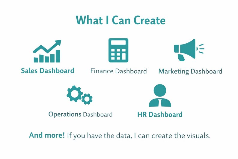 K&ouml;nnte beinhalten: Eine wei&szlig;e Grafik mit t&uuml;rkisfarbenen Symbolen und Text. Der Text lautet "What I Can Create" und listet Verkaufs-, Finanz-, Marketing-, Betriebs- und HR-Dashboards auf. Der Text besagt auch "Und mehr! Wenn Sie die Daten haben, kann ich die Visualisierungen erstellen."