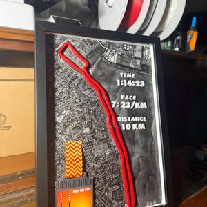 Może przedstawiać: Oprawiona grafika przedstawiająca czerwoną, drukowaną w 3D trasę biegu na szarej mapie. Tekst na grafice zawiera "TIME 1:14:23", "PACE 7:23/KM" i "DISTANCE 10 KM". Dołączony jest również medal z napisem "SANDYMOUNT NIGHT RUN 2023".
