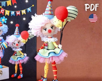 Crochet clown doll pattern (doll body and clown costume), clown doll with balloons, crochet balloons, English pdf, DIY gift
