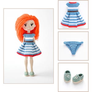 May include: A handmade crochet doll with orange hair, wearing a blue and white striped dress with a red trim. Additional crochet items include a matching dress, underwear, and shoes. The doll has a light skin tone and green shoes.