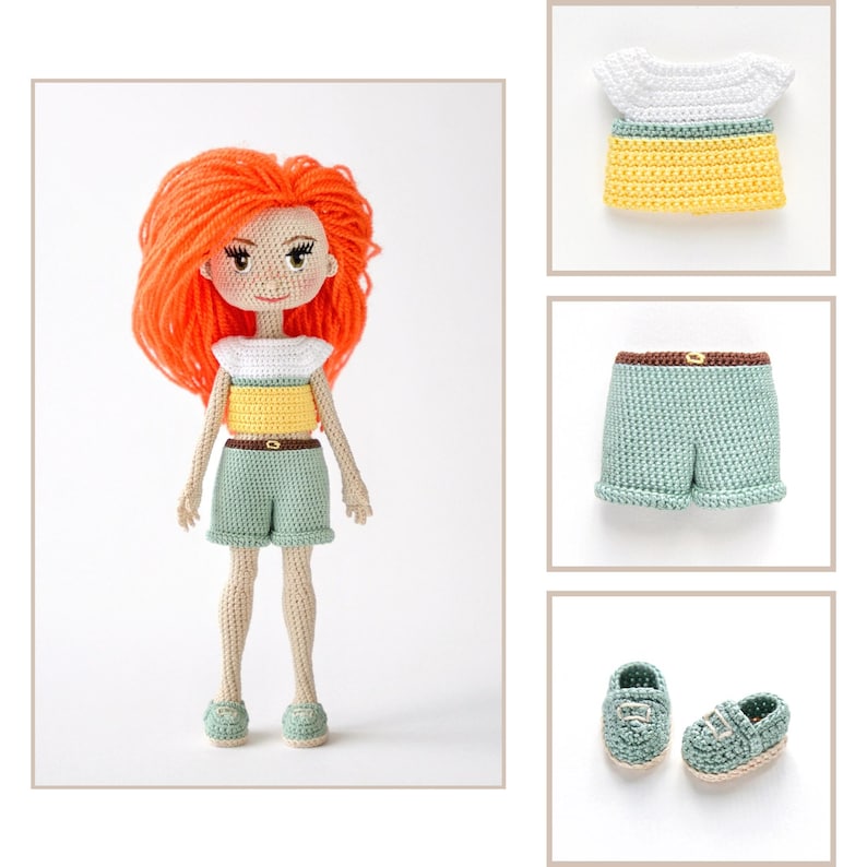 May include: A handmade crochet doll with orange hair, wearing a white and yellow top, green shorts, and matching shoes. The doll has a detailed face and is part of a set that includes additional clothing items.