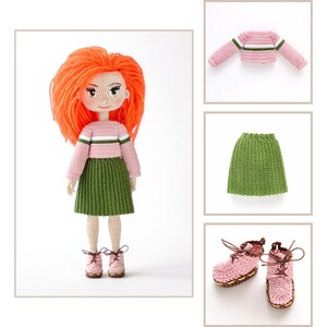 May include: A handmade crochet doll with orange hair, wearing a pink sweater with green and white stripes, a green skirt, and pink boots. Additional images show a matching sweater, skirt, and boots.