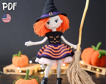 Crochet Witch Costume Pattern, Doll Outfit, Hat, Dress, Boots, Pumpkin, Broom, Halloween Costume, Holiday Decor, DIY Gift (English PDF)