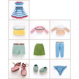 May include: A collection of handmade crochet doll clothes in various colors. The set includes a blue and white striped dress, a pink sweater, a green skirt, blue pants, and pink shoes. The clothes are miniature and detailed.