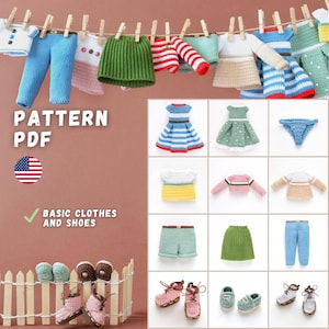 Gehäkelte Basis-Puppengarderobe, PDF in Englisch, gehäkelte Kleidung und Schuhe für Puppe, verschiedene Optionen für Farben und Dekor der Dinge