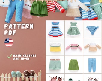 Basic Doll Wardrobe, Crochet Clothes, Shoes, For Dolls 20 cm (7,9 in), Several Color and Design Options,  English PDF