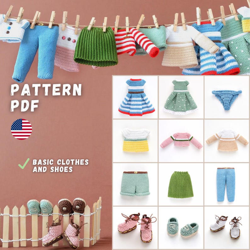 Basic Doll Wardrobe, Crochet Clothes, Shoes, For Dolls 20 cm (7,9 in), Several Color and Design Options, English PDF image 1