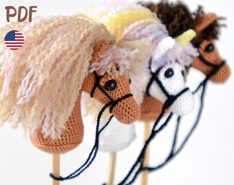 May include: Crocheted stick horses in shades of brown, white, and tan, with yarn manes and black bridle details. One has a yellow horn. The image includes the text "PATTERN PDF" and an American flag.