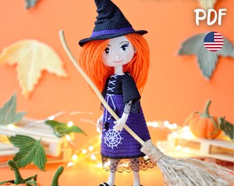 May include: A handmade crochet witch doll with orange hair, a black witch hat, and a purple dress. The doll holds a broom and wears black shoes. The background is orange with decorative leaves and pumpkins. Text on the image reads "PATTERN PDF".