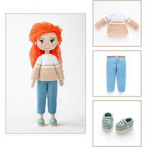 May include: A handmade crochet doll with bright orange hair, wearing a white and tan sweater, blue pants, and green shoes. Additional crochet clothing items include a matching sweater, pants with a brown belt, and a pair of shoes.