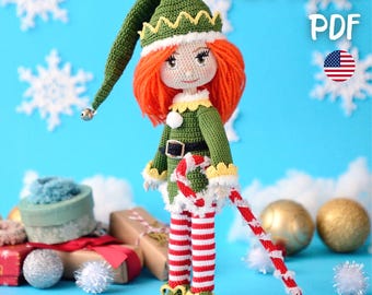 May include: A handmade crochet elf doll with red hair, wearing a green outfit with white and yellow trim, and red and white striped legs. The doll holds a candy cane and wears a green hat. The image includes the text "PATTERN PDF".