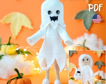 May include: A handmade white crochet ghost doll with black eyes and mouth, and a tattered hem. The doll is posed in front of an orange background with pumpkins and fall leaves. The text "PATTERN PDF" is in the upper right corner.