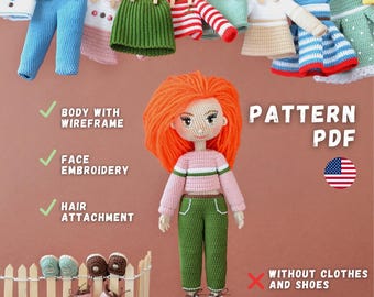 May include: A handmade crochet doll with orange hair, wearing a pink and white striped sweater and green pants. The doll has embroidered facial features and is displayed with miniature crochet clothing. The image includes the text "PATTERN PDF".