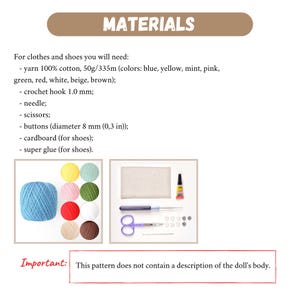 May include: Image showing materials needed for a craft project. Includes yarn in various colors, a crochet hook, needle, scissors, buttons (0.3 in diameter), cardboard, and super glue. Text at the top reads "MATERIALS".