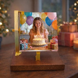 May include: A rotating square photo frame with a gold-colored metal stand and a dark brown wooden base. The frame displays a photograph of a person with blonde hair sitting before a birthday cake with lit candles and colorful balloons.