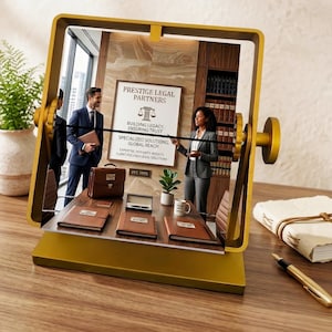 May include: A gold-toned rotating desktop frame displaying a photograph of a law office interior. The image features two professionals, a wooden desk with leather-bound notebooks, a briefcase, a pen case, and a sign reading PRESTIGE LEGAL PARTNERS.