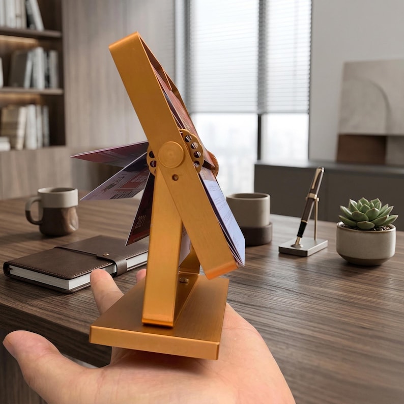 Premium gold aluminum flipping photo stand. Close-up details of a high-quality metal rotating desk calendar and picture frame. Luxury office decor.