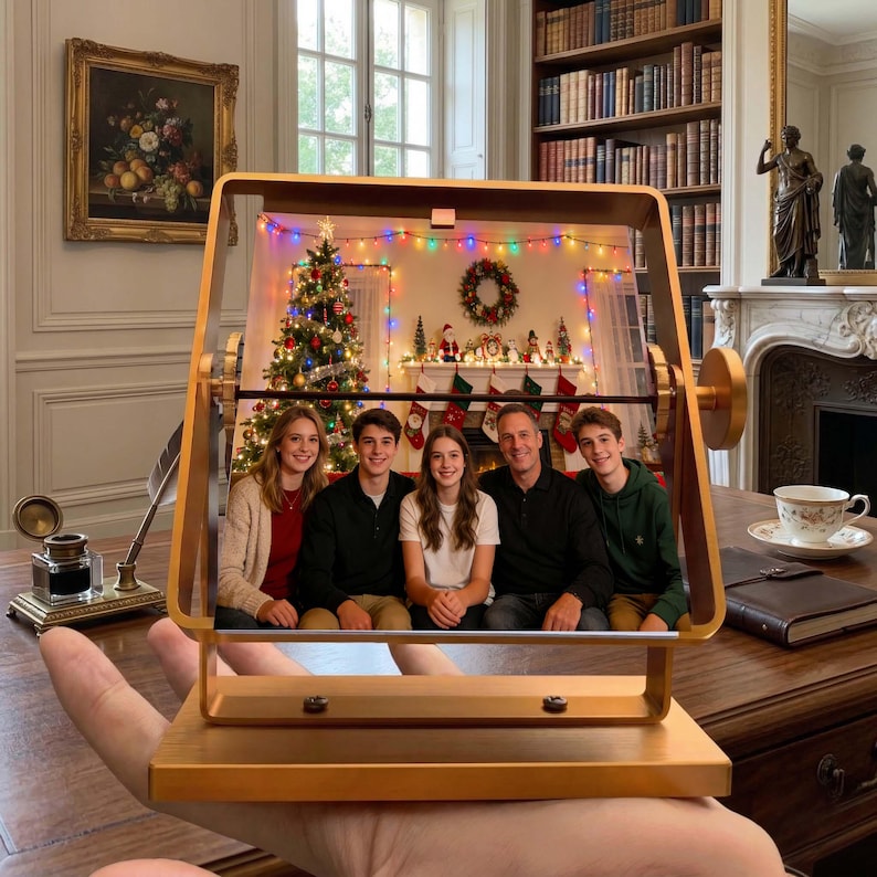 A hand holding a compact gold rotating split flap frame on a study desk, showcasing a family photo in front of a Christmas tree and decorated fireplace as a customized holiday family gift.